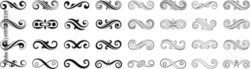 Collection of decorative black ornamental flourishes and swirls isolated on transparent background