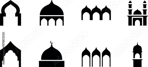 Collection of Islamic mosque architectural elements and building silhouettes isolated on transparent background