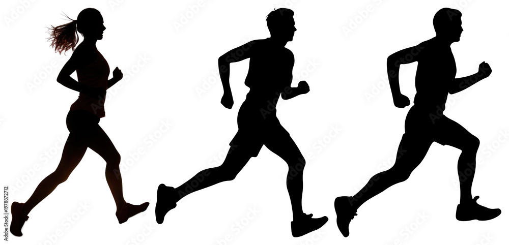 Fototapeta premium PNG Silhouettes of people running on transparent background