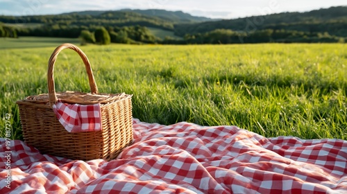 Picnic in a Sunny Park Setting With a Wicker Basket on a Red Checkered Blanket