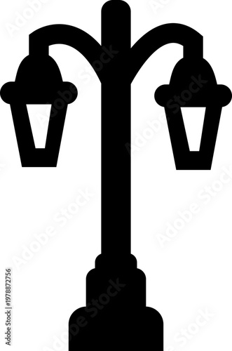Street lamp lantern light icon in black flat style, vintage streetlight lamppost lighting symbol bundle, urban outdoor illumination graphic pack, classic city light design