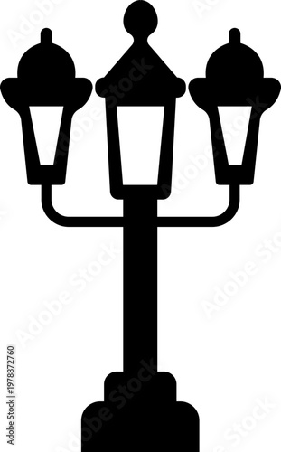 Street lamp lantern light icon in black flat style, vintage streetlight lamppost lighting symbol bundle, urban outdoor illumination graphic pack, classic city light design