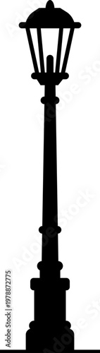 Street lamp lantern light icon in black flat style, vintage streetlight lamppost lighting symbol bundle, urban outdoor illumination graphic pack, classic city light design