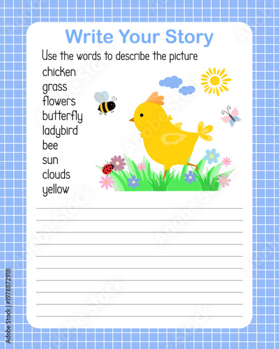 Write a story English language grammar elementary level for kids, learning concept festive illustration, educational worksheet describe a picture using topical vocabulary words Easter spring holiday