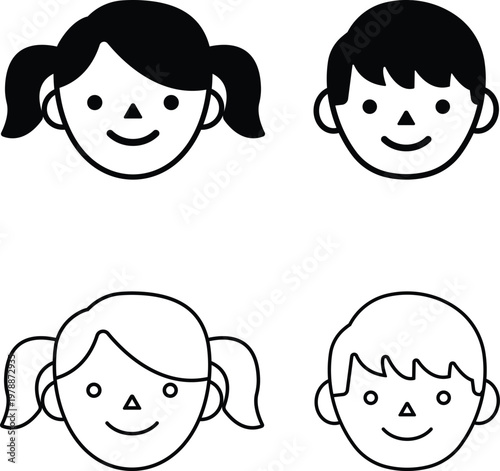 Smiling Boy and Girl Face Icons Set