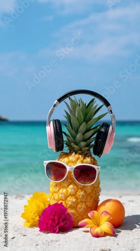 Pineapple Wearing Headphones and Sunglasses on a Beach With Flowers and Fruit...
