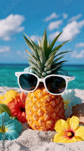 Pineapple Wearing Headphones and Sunglasses on a Beach With Flowers and Fruit...