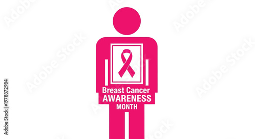 A pink pictogram of a person displaying a breast cancer awareness ribbon and message