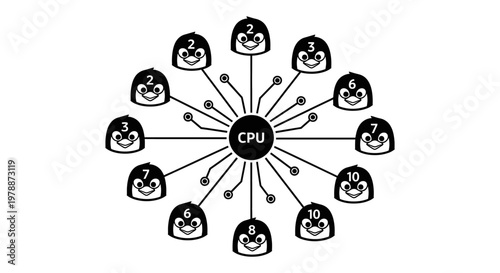 Modern Central CPU Processor Architecture Vector with Linux Penguin Icons and Circuit Connectivity for Server Network Management Data Processing Center and Open Source Computing System Infographic