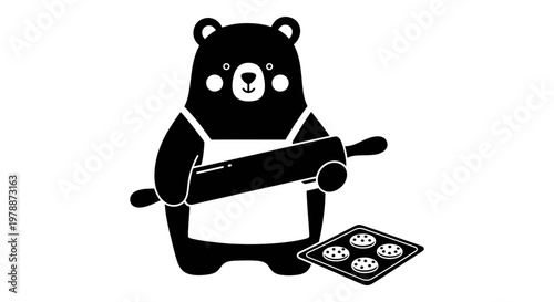 Cute Baking Bear Character Silhouette Wearing Apron Holding Rolling Pin with Tray of Fresh Cookies for Bakery Shop Logo Creative Kitchen Mascot Culinary Education and Sweet Food Vector Illustration