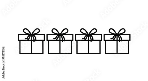 A simple black and white illustration depicts four rectangular gift boxes with bows