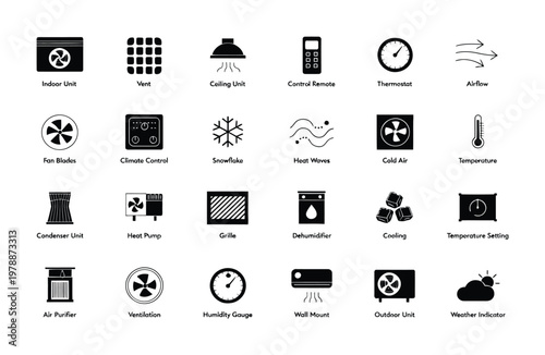 Vector featuring icons representing heating, cooling, and climate control systems.