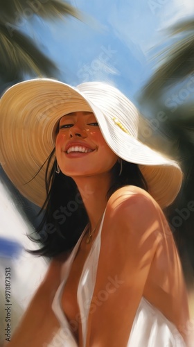 Smiling Woman Wearing a Wide-Brimmed Hat in a Sunny Outdoor Setting Near Palm...