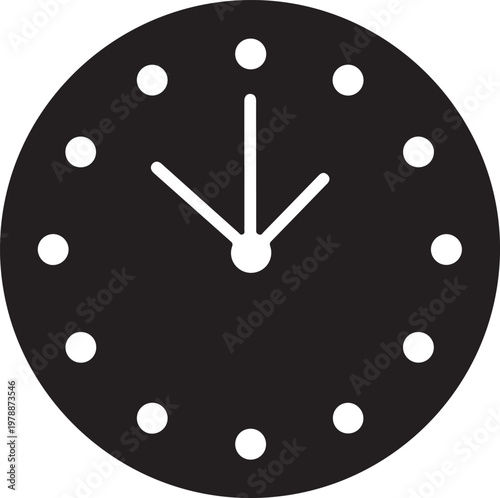 Minimalist clock with twelve circular hour markers and two hands, black and white