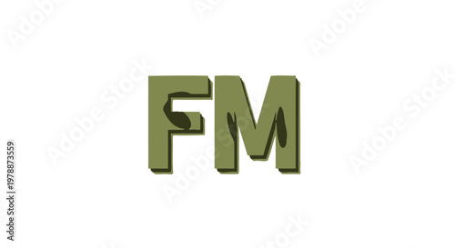 A minimalist graphic design featuring the letters fm in a bold olive green three dimensional style