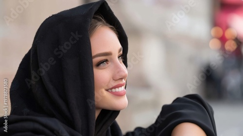 Woman Smiling While Wearing a Dark Hooded Garment in a City Setting During Da...