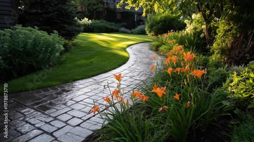 Pathway Winding Through Garden With Flowers and Green Grass in Evening Light