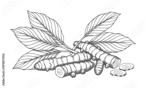Black and white etching of turmeric roots and leaves rhizome spice herb