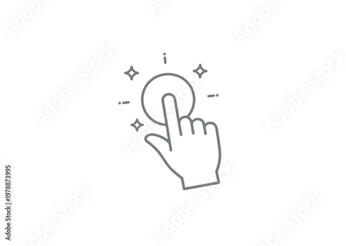 Hand pressing a circular button with sparkles in a clean vector design