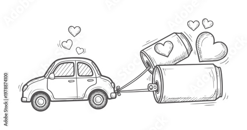 Hand drawn car towing two tin cans with hearts love