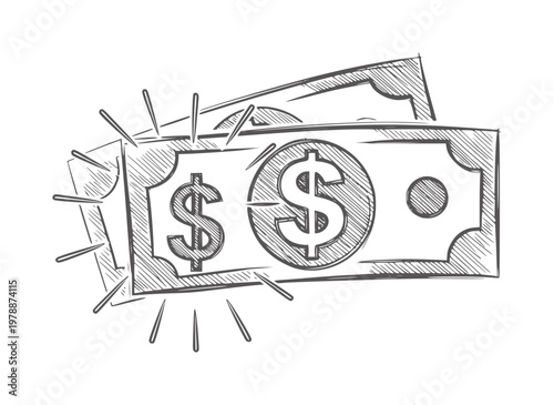 Hand drawn dollar bills with radiating lines symbolizing wealth money cash currency