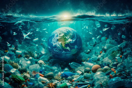 Environmental pollution. Plastic waste in the ocean. Planet Earth suffers. Nature disaster