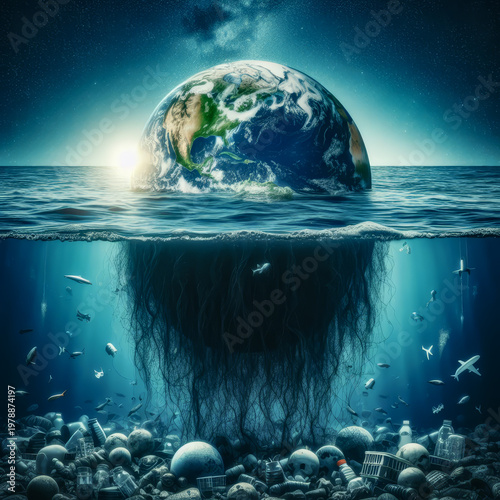 Environmental pollution. Plastic waste in the ocean. Planet Earth suffers. Nature disaster.