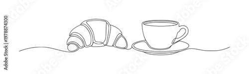 Single line of a croissant and coffee cup a saucer breakfast