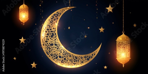 Gold Crescent Moon and Lanterns With Stars in Night Sky Setting