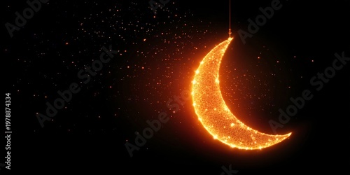 Gold Crescent Moon and Lanterns With Stars in Night Sky Setting