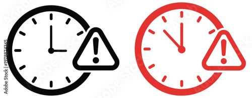 Late icon, warning triangle symbolizing delay alert with clock and exclamation mark, time management and deadline warning concept, clean flat vector