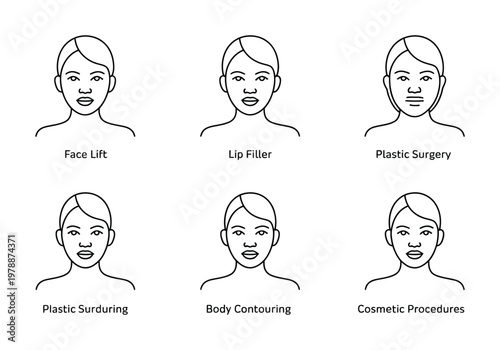 Vector showing six different types of cosmetic procedures for facial and body enhancements.