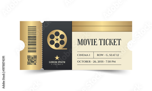 Luxury movie ticket design with gold and black cinema theme
