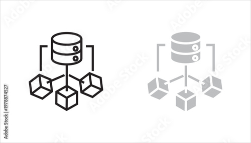 Minimal line icon showing a central database connected to multiple nodes, representing data storage, cloud computing, and network systems.