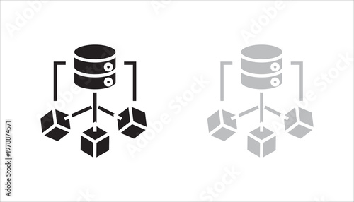 Minimal line icon showing a central database connected to multiple nodes, representing data storage, cloud computing, and network systems.