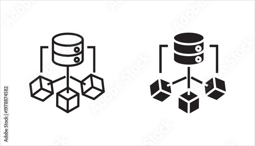 Minimal line icon showing a central database connected to multiple nodes, representing data storage, cloud computing, and network systems.