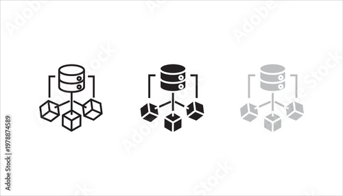 Minimal line icon showing a central database connected to multiple nodes, representing data storage, cloud computing, and network systems.