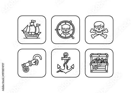 Vector showcasing six pirate-themed icons including a skull, ship, and treasure chest