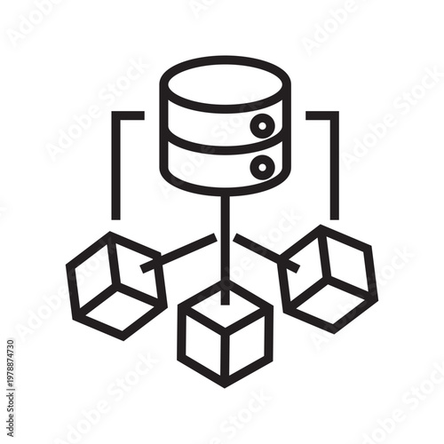 Minimal line icon showing a central database connected to multiple nodes, representing data storage, cloud computing, and network systems.