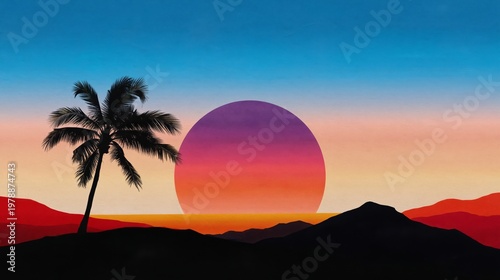 Sunset View Over Mountains With Palm Trees and Colorful Sky at Twilight