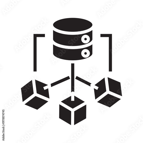 Minimal line icon showing a central database connected to multiple nodes, representing data storage, cloud computing, and network systems.