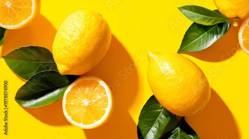 Lemons and Green Leaves on a Bright Yellow Background in a Simple Arrangement