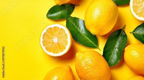 Fresh Lemons Scattered on a Bright Yellow Surface With Green Leaves and Slice...