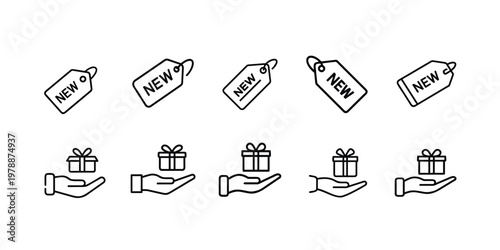 Business and shopping line icons set featuring new price tag labels and hand holding gift box more vector illustration with editable stroke.