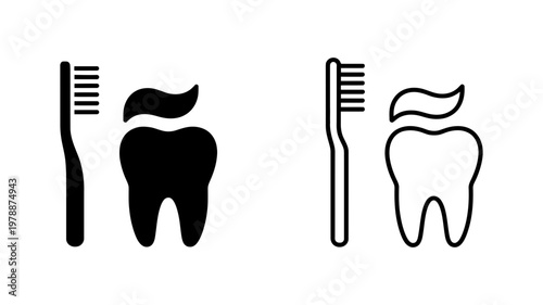 Dental care icons featuring toothbrush and healthy tooth with paste for oral hygiene education sets