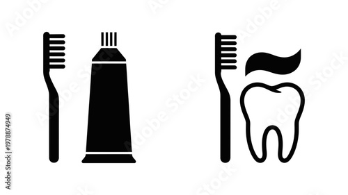 Dental hygiene icons with toothbrush and toothpaste tube for oral health care and dentistry branding