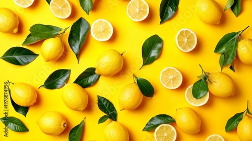 Fresh Lemons Scattered on a Bright Yellow Surface With Green Leaves and Slice...