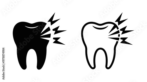 Tooth with sharp pain flash icon set depicting dental decay or toothache for medical health awareness
