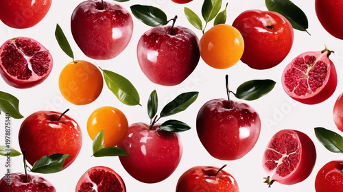 Red Apples and Pomegranates Arranged on a White Background in a Simple Display
