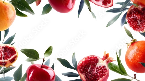 Fresh Fruits and Green Leaves Arranged in a Circular Pattern on a White Backg...